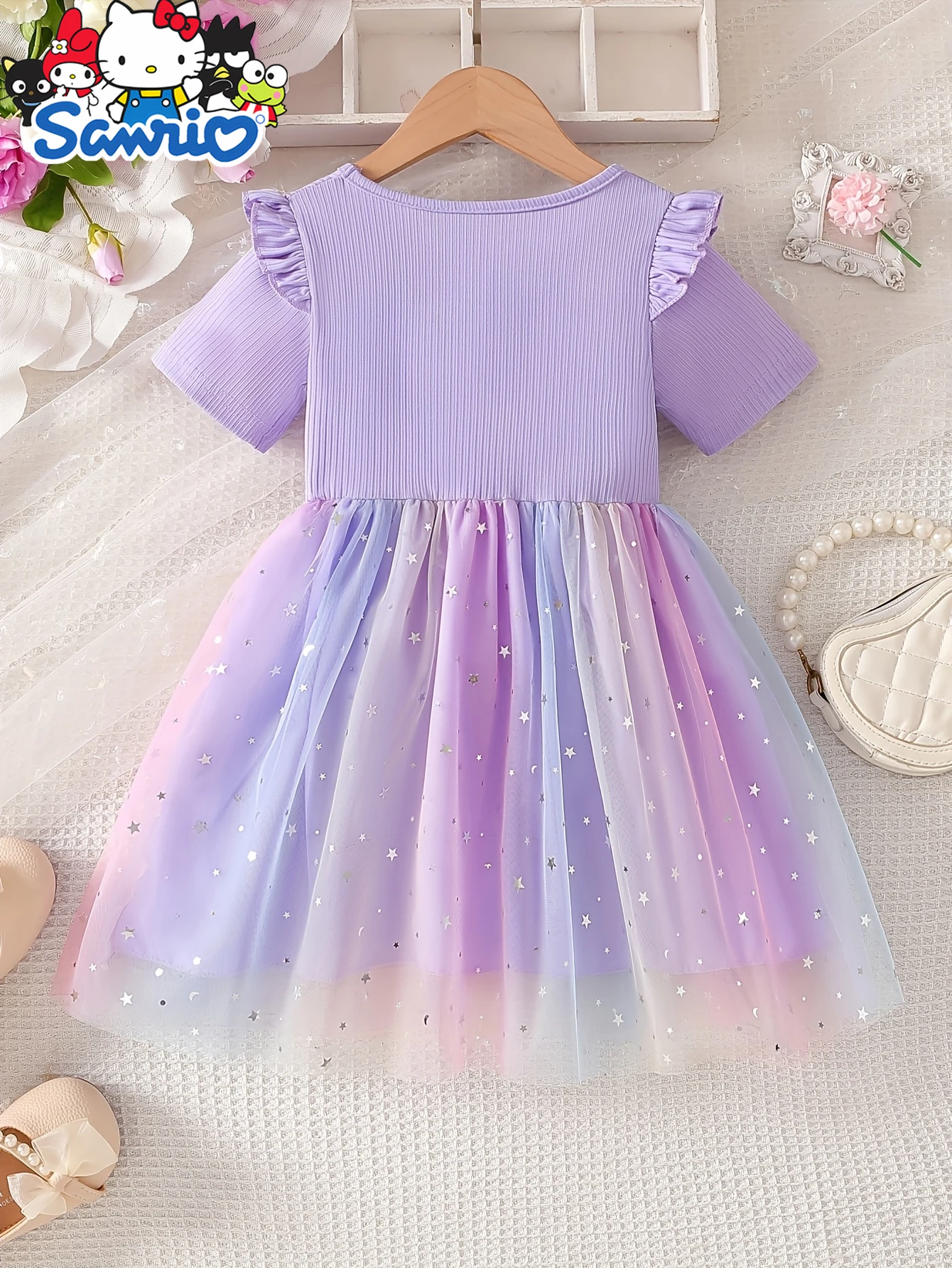 Girls' Kuromi Princess Dress, Purple Gradient Star Tulle Puff Dress for Kids Party