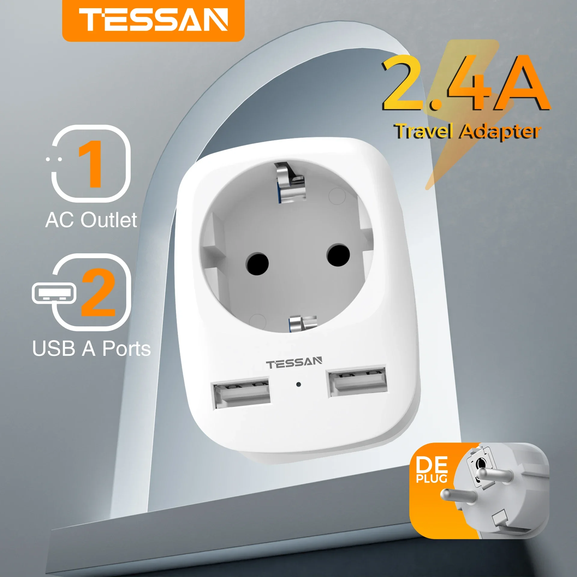 Adaptador de tomada múltipla USB TESSAN 4000W com 1 plugue Schuko e 2 portas USB A fonte de alimentação de carregamento de parede para escritório