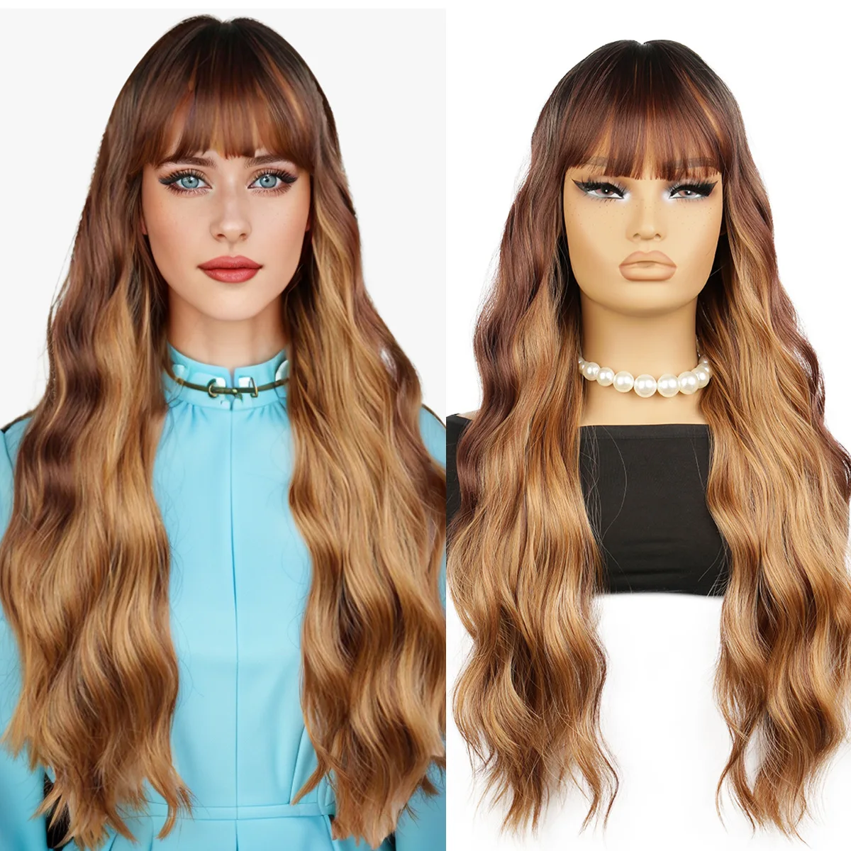 

Golden brown highlights Halloween wig female bangs long curly hair chemical fiber full headgear cos wig