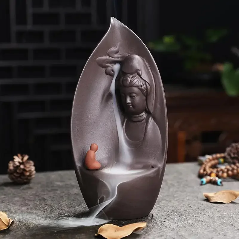 1 Stück, Avalokitesvara Räucherstäbchenhalter aus violettem Ton, buddhistischer Rückfluss-Räucherstäbchenhalter, Heimdekoration (ohne Räucherstäbchen)