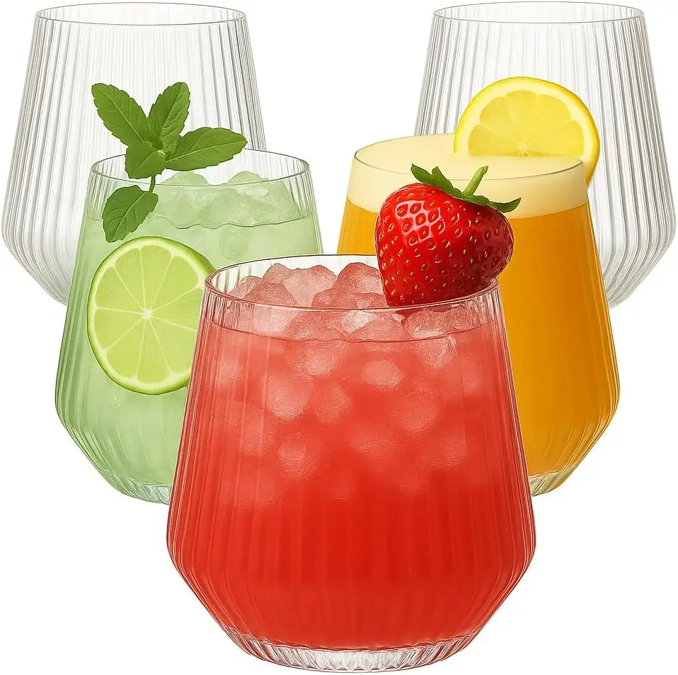 12-48 Stuks 14 Oz Plastic Geribbelde Wijnglazen Wegwerp Stemless Wijnglazen Plastic Cocktailglazen Voor Party Onbreekbaar