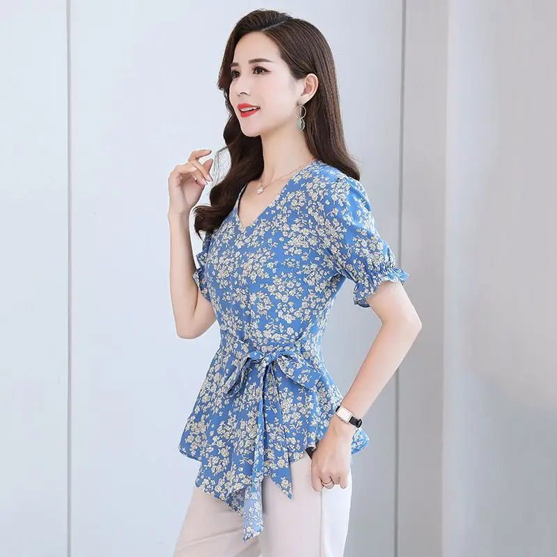 Elegant Ruffles Folds Bandage Bow Irregular Floral Blouse Women\'s Clothing 2023 Summer Loose Casual Tops Asymmetrical Shirt