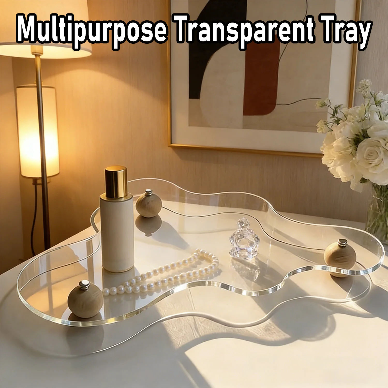 Acrylic Bathroom Vanity Tray - Geometric Pattern Decorative Organizer of Cosmetics, Jewelry, Practical home storage rack