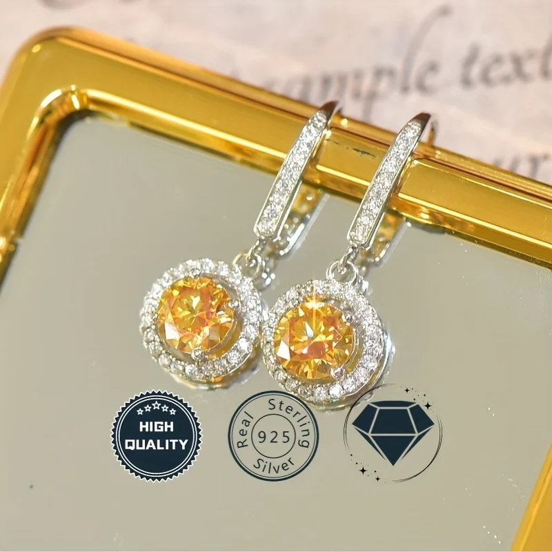 

1pair 1Carat 925 Sterling Silver Yellow Round Cut Moissanite Earrings, Banquet Party Ear Jewelry, Anniversary Birthday Gifts.