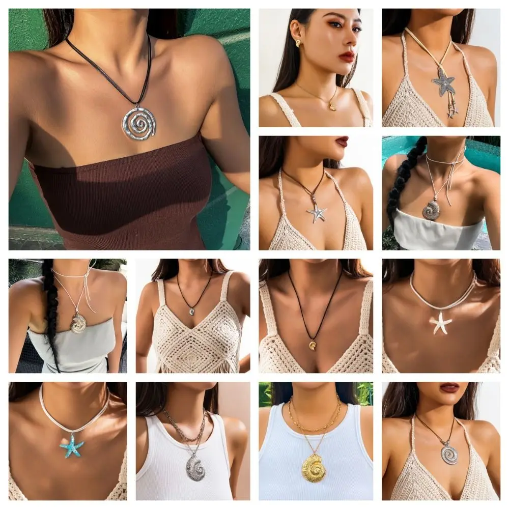 Pendant Conch Clavicle Chain Vintage Bohemian Style Y2K Accessories Starfish Necklace Gold Beach Choker Women