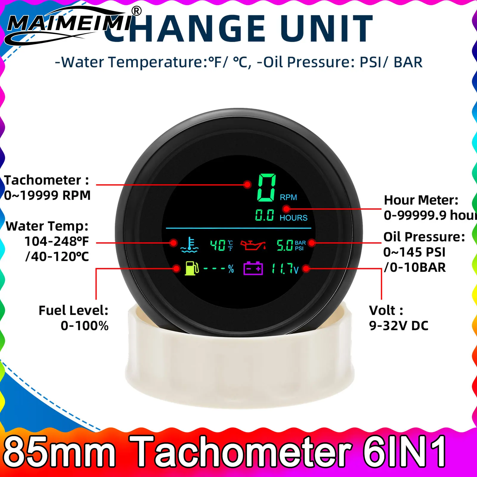 

85mm Tachometer LCD Digital Engine RPM Gauge 6-IN-1 Tach Fuel Level Water Temperature For Boat Motorcycle Marine 0~190ohm 12V24V