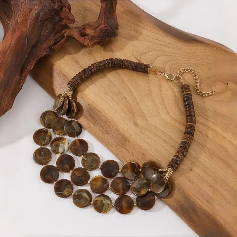 Trendy Geometric Multilayer Beaded Necklace Handmade Acrylic Wooden Round Beads Cool Jewelry for Music Festival Wear for Women