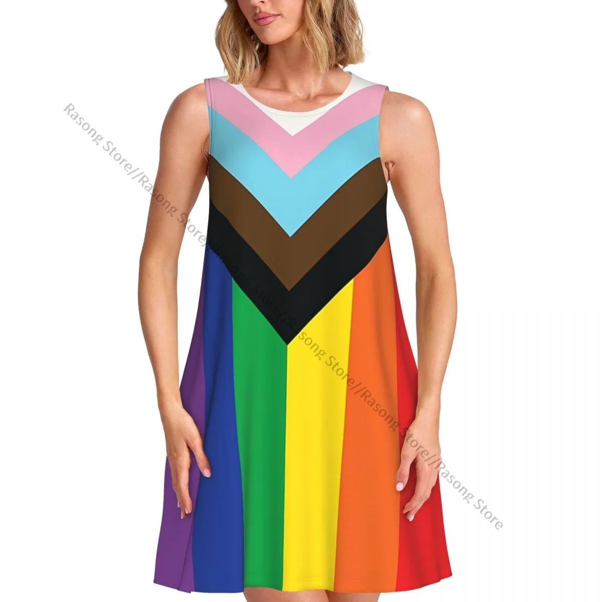 فستان نسائي صيفي كاجوال فساتين تي شيرت للشاطئ يغطي علم قوس قزح فستان بدون أكمام للمثليين