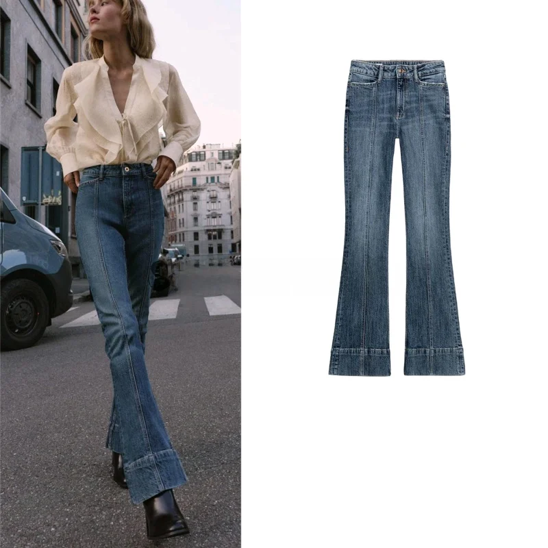 

Новые зимние женские дизайнерские расклешенные джинсы трапециевидной формы со средней талией, повседневные плиссированные брюки в форме колокольчика, женские модные полиэстеровые брюки