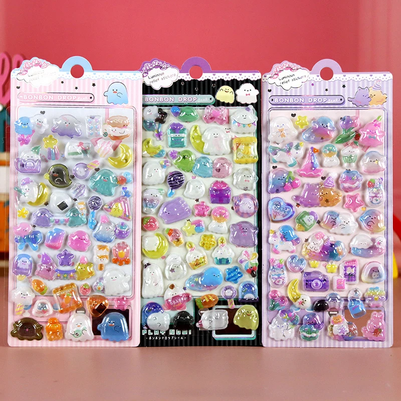 

8 Pcs Value Pack Luminous Embossed Cartoon Stickers, Cute Journal Stickers, Rich Patterns for Creative DIY