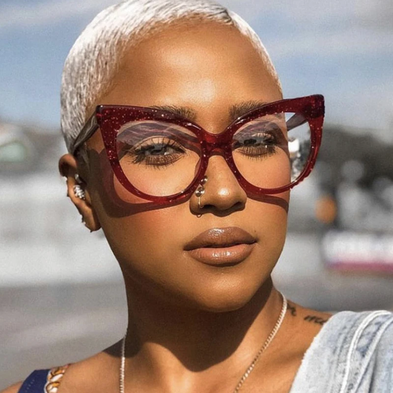 Anti Blue Light Optical Oversized Cat Eye Sequin Pink Glasses Women Vintage Brand Designer Myopia Prescription Eyewear Frame