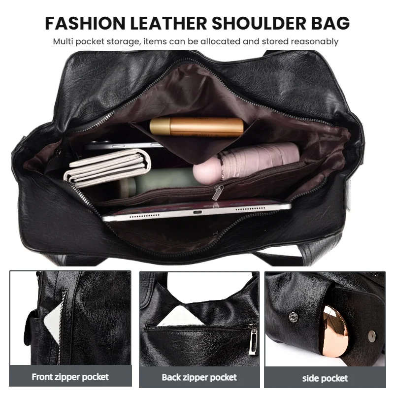 Damen Vintage PU-Leder Handtasche mit mehreren Reißverschlusstaschen, modische Schulter- und Umhängetasche für Arbeit, Alltag und Reisen – Detail 13