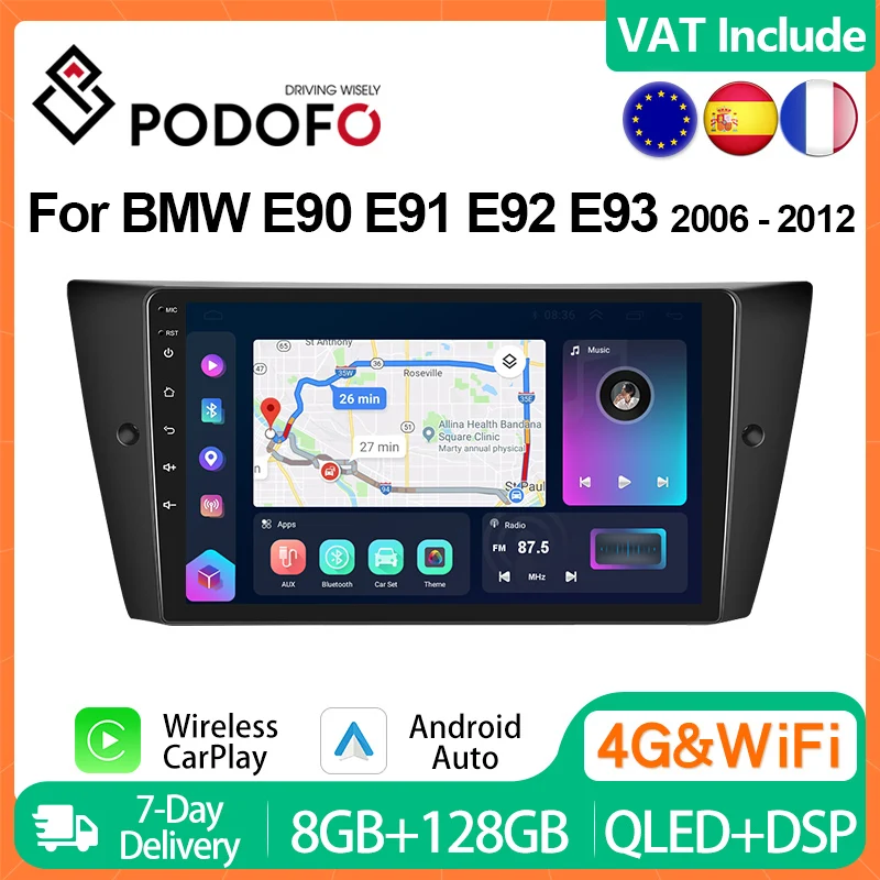 Podofo Carplay Android auto Car Radio for BMW E90/E92/E93 2005-2012 Intelligent Systems 2din 4G 9” Multimedia Player GPS Stereo