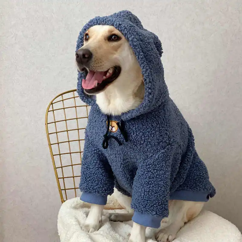 Blue Hooded Sweatshirt for Large Dogs Winter Long Sleeves Thick Warm Coat for Labrador Retriever Golden Sweater in Autumn