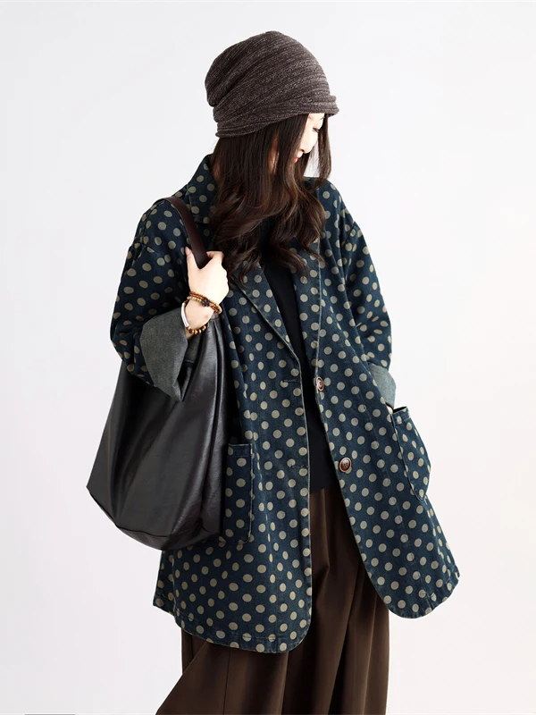 Retro Loose Fit Long Sleeve Denim Print Jacket Women's Casual Style Autumn Coat Medium Length Suit Cotton 100%