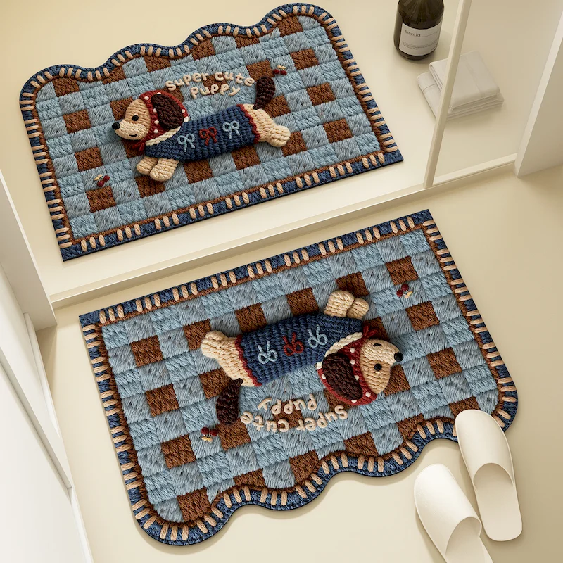 VIKAMA Retro Multi Sausage Dog Floor Mat Colorful Woven Edge Door Mat Anti Slip And Absorbent Entrance Bathroom Home Decoration