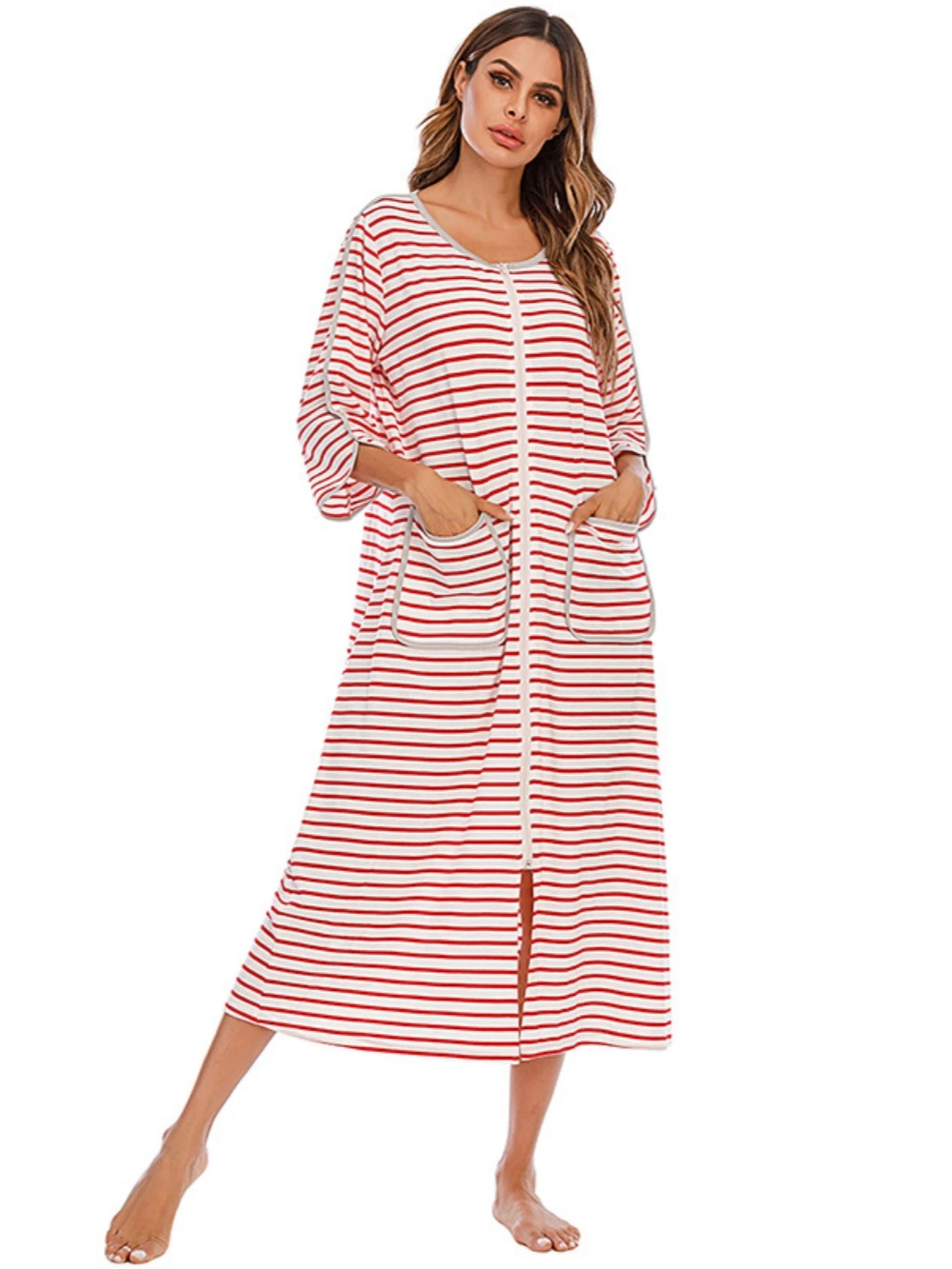 Casual Women's Home Pajamas 2024 Summer Crewneck Seven-Point Sleeve Loose Comfortable Fashion Ladies Dress