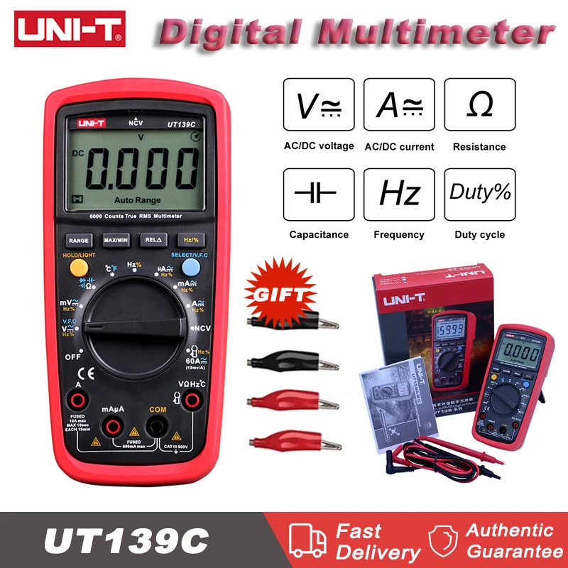 

UNI-T UT139C Digital Multimeter Auto Range True RMS 6000 Counts AC DC Voltage Current Temperature Resistance Diode Tester