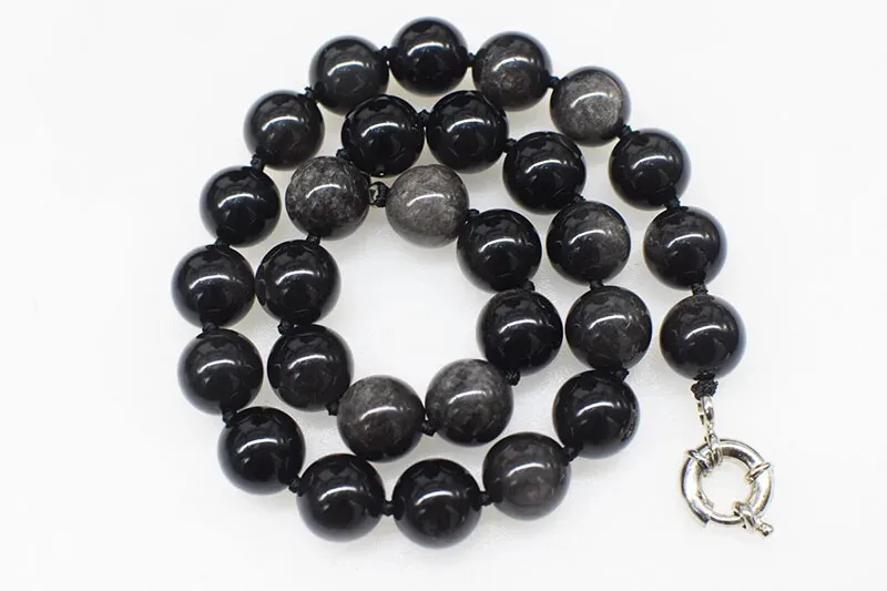 wholesale 10/12/14/16/18/20mm SILVER Obsidian round  necklace 43cm FPPJ nature beads for woman gift