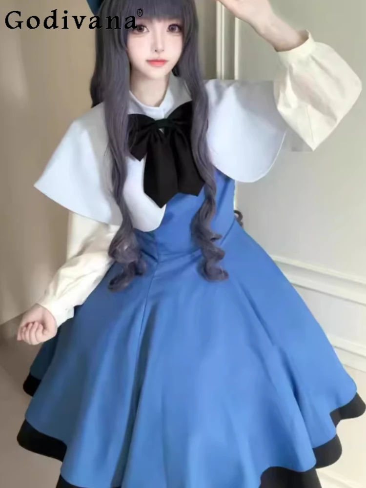 

Japanese Vintage Lolita Heavy Industry Sweet Shawl Fashion High Waist A-line Blue Versatile College Dress Age-reducing Sets