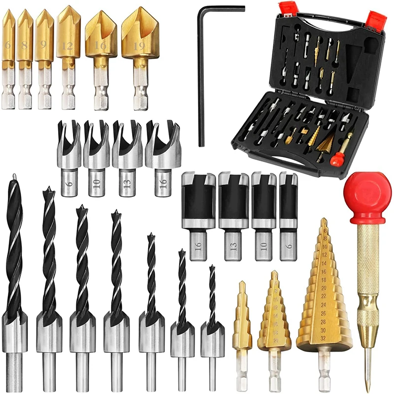 kit-de-travail-du-bois-et-accessoires-26-pieces-incluant-des-forets-a-sertir-et-a-etageres-un-coupe-bouchons-un-poincon-de-centrage-et-une-cle-en-l