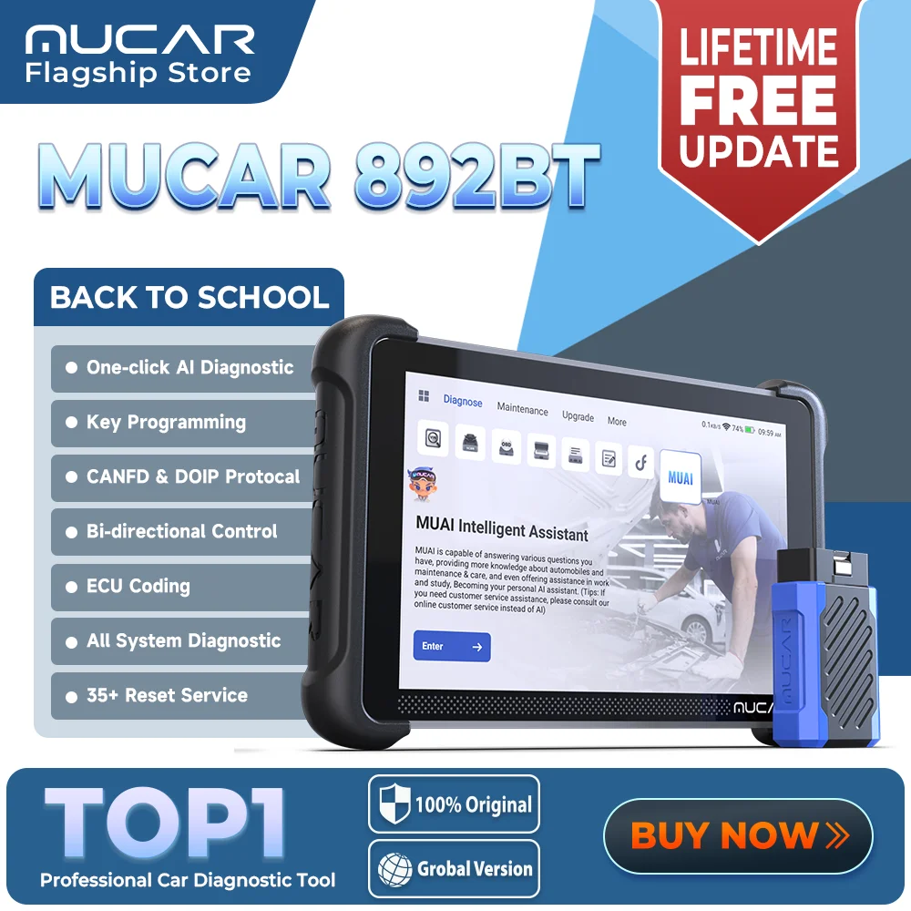 MUCAR 892BT AI Автомобильный диагностический инструмент, программирование ключей IMMO, активный тест TKEY 101, кодирование ЭБУ, сканер OBD2, CANFD DOIP, 35 функций сброса.