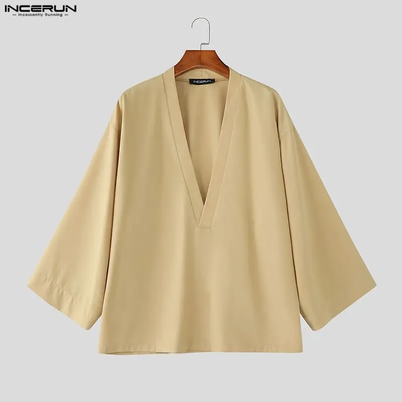 

INCERUN Men Shirt Solid Color Deep V Neck 3/4 Sleeve Loose Casual Men Clothing Streetwear 2026 Fashion Leisure Camisas Tops Men