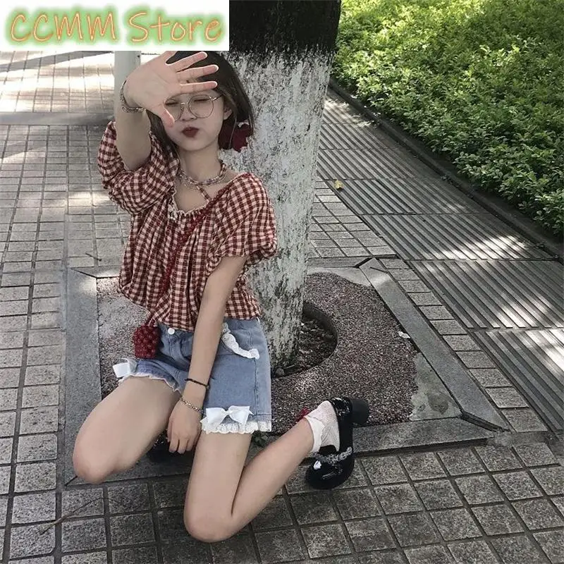 Summer Women's Cute Bow Tie Lace Denim Shorts Sweet Girl Street High Waist Trousers Female Fashion Wide Leg Straight Mini Pants