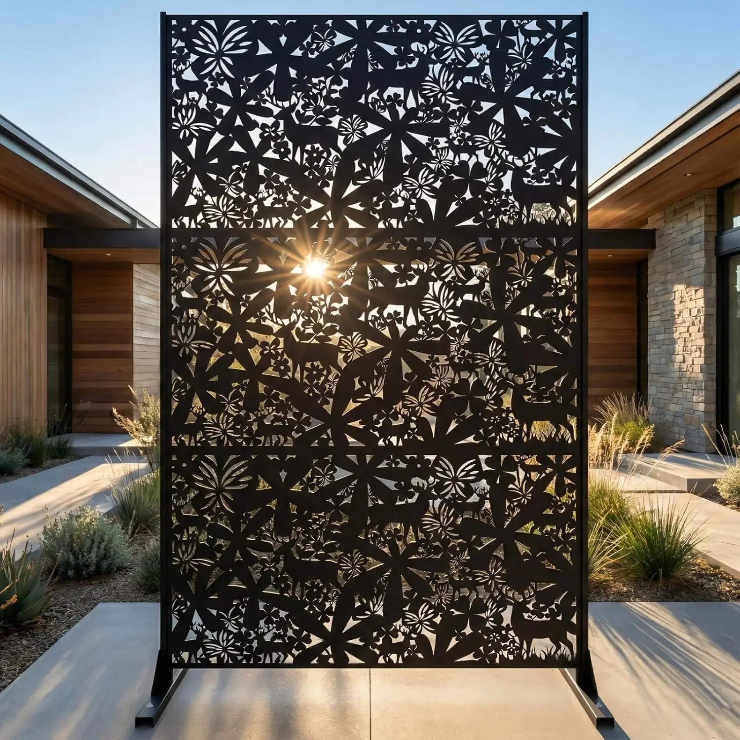 Metal Privacy Screen Outdoor 6FT - Freestanding Laser Cut Steel Garden Divider Panel with Stand, Decorative Modern Privacy
