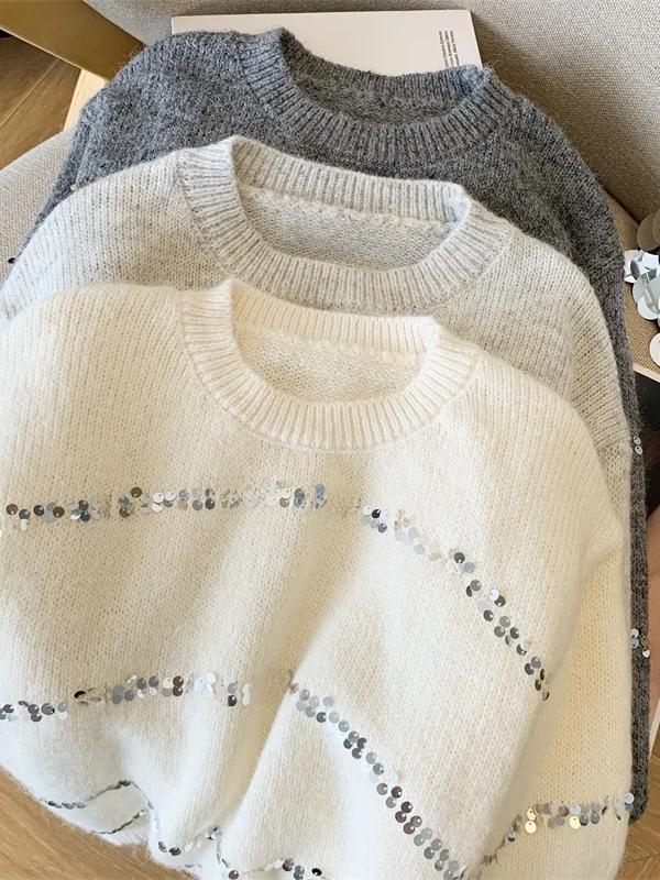   Thiened ey الترتر سترة ناعمة المرأة الخريف الشتاء كسول Sle محبوك irt النسخة الكورية تخفيف أنبوب مستقيم