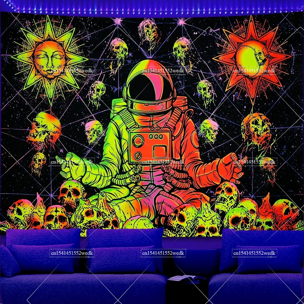 Meditation Astronaut Blacklight Tapestry UV Reactive Sun Moon Neon Tapestrys Aesthetic Skull Fluorescent Tapestries Backdrops