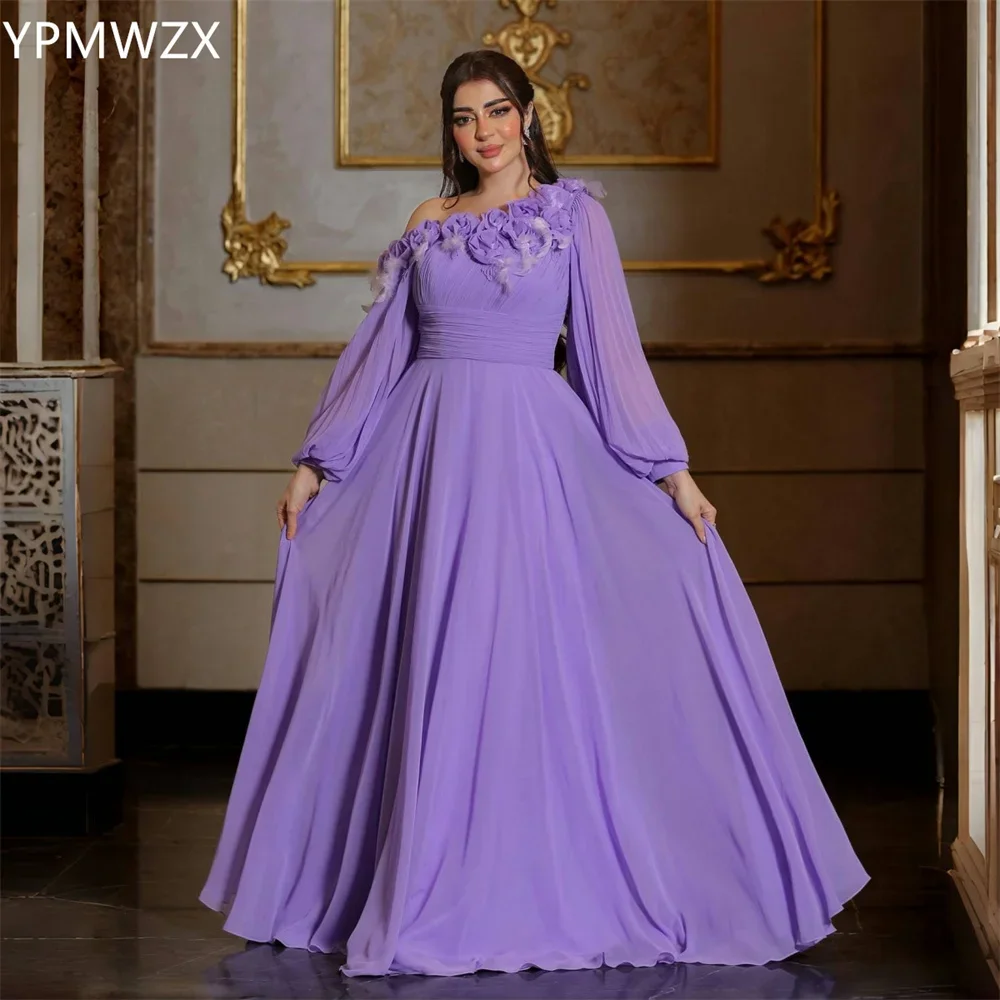 Customized Evening Dress Formal Party Occasion YPMWZX Off-the-shoulder A-line Floor Length Skirts Draped Applique 3D Flower Bes