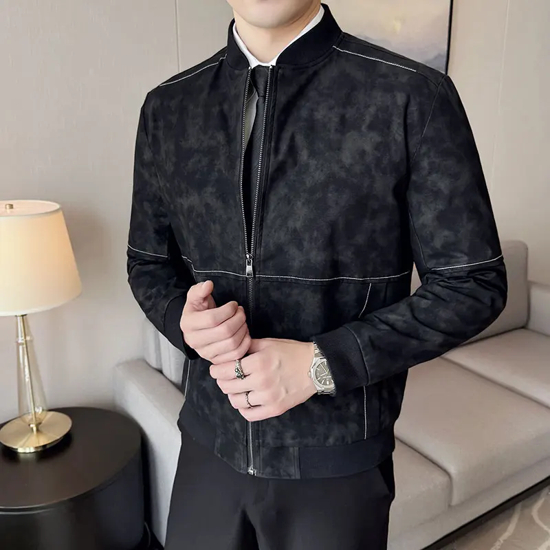 

Faux Leather Bandhnu Jackets For Men Autumn Winter New Stand Collar Long Sleeve Mens Casual Jacket Slim Fit Patch Design Coats