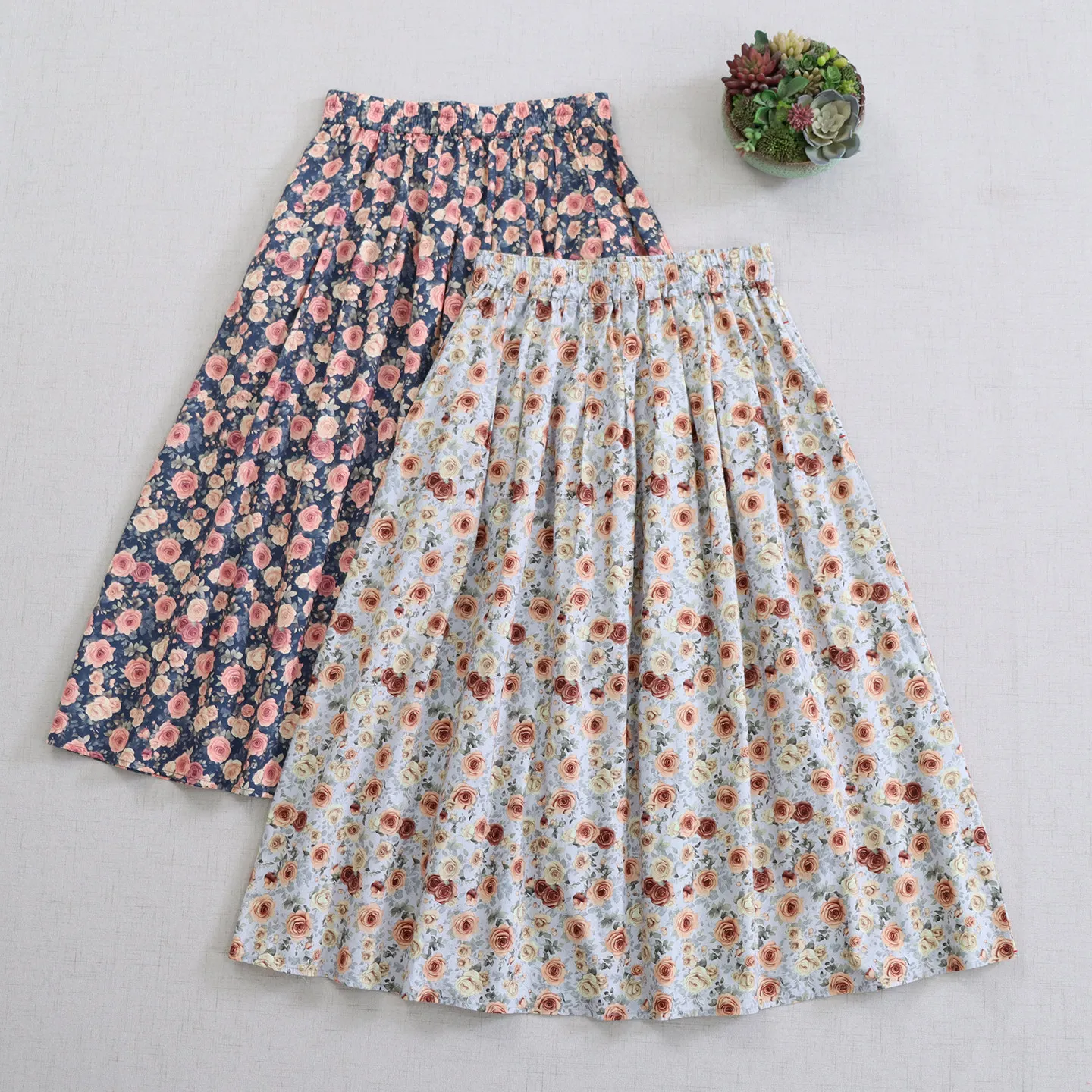 Japanese Mori Girl Vintage Cartoon Rose Floral Printed Cotton Skirts Women Spring Summer Elastic Waist Casual Loose A-Line Skirt