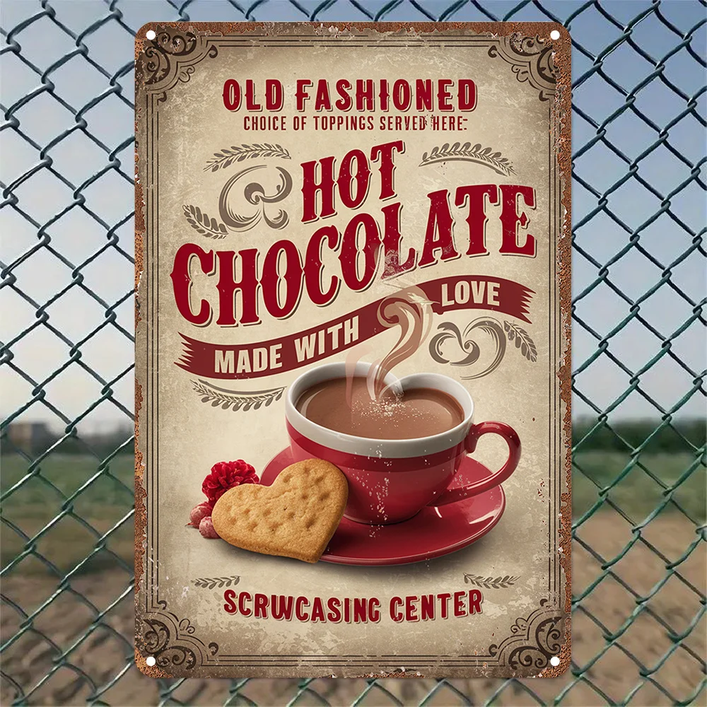 1pc of Vintage Metal Tin Sign Featuring The Artwork 'Hot Chocolate Love', Perfect for Rustic
