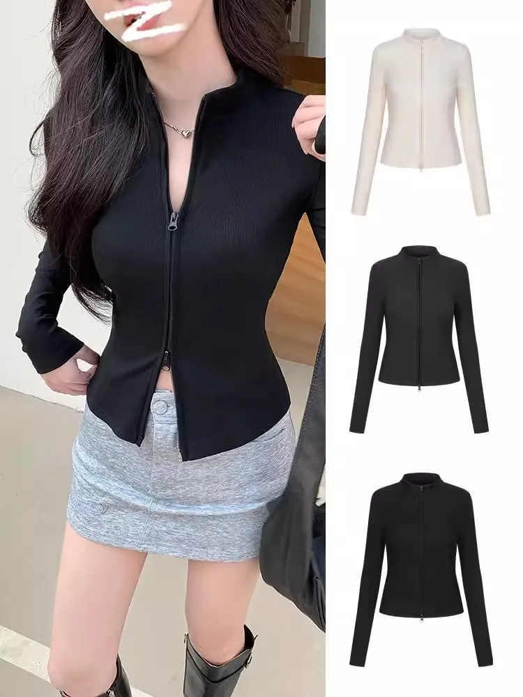 Coat women 2026 casual stand-up collar double zipper Spring Autumn knitted slim long-sleeved top jacket women's clothing