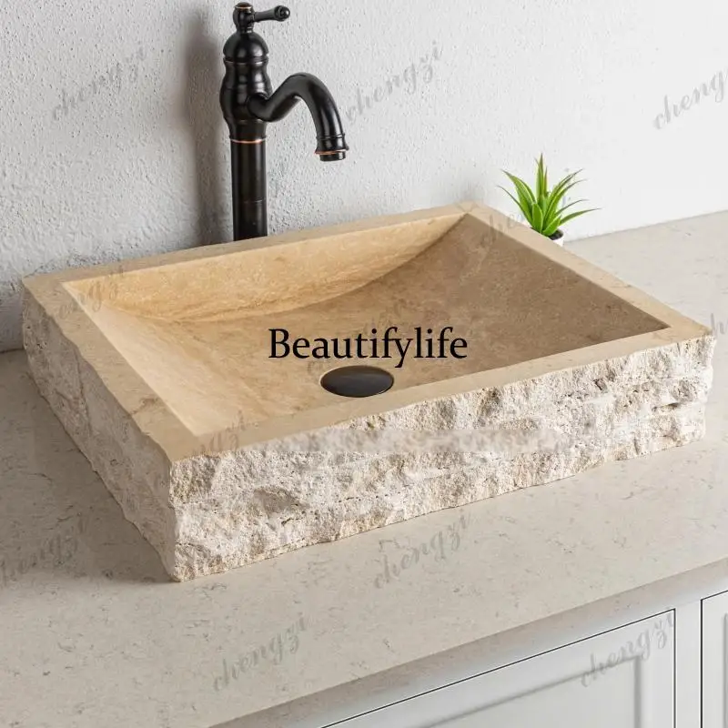 A68 Any Size Custom Natural Travertine Gold Marble Wash Basin Irregular Shape Art Basin Hotel Villa Courtyard