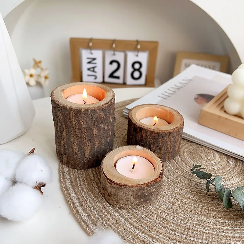 Set of 3 Vintage Wooden Candle Holders, Tree Stump-shaped Scented Candle Base, Home/Wedding/Holiday Decor​