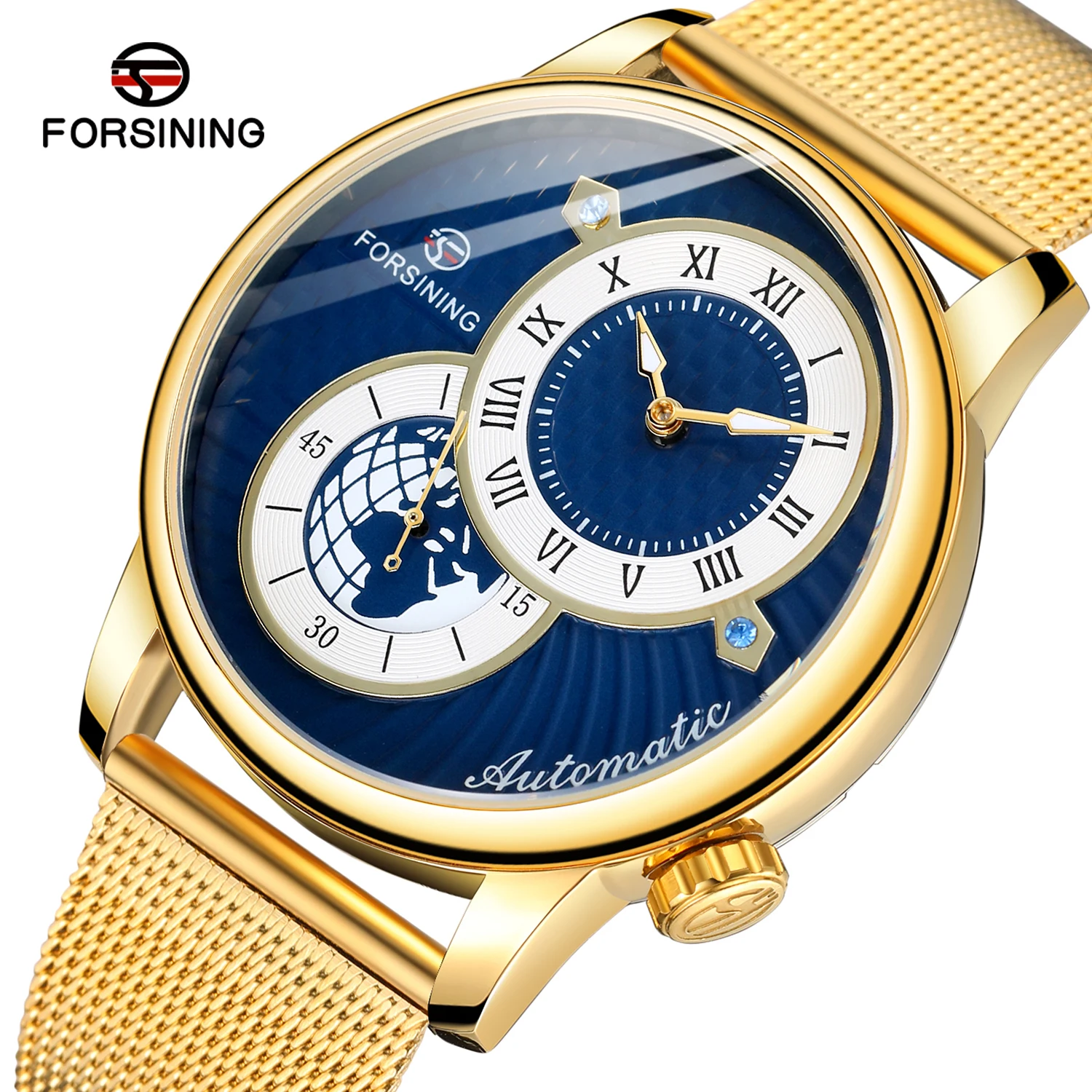Forsining Casual Men's Automatic Mechanical Watches Two Dial Display 30M Waterproof Earth Image Design Mesh Strap Relogio Clocks