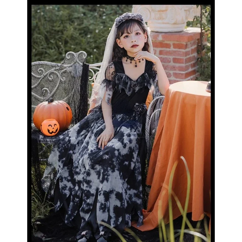 

Day of The Dead Costume Halloween Children Scary Ghost Bride Grave Skeleton Fantasia Fancy Dress Ghost Bride Vampire Dress