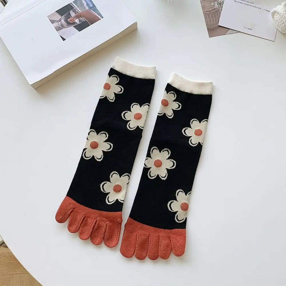 Simple Flower Five Finger Tube Socks Breathable Anti Slip Split Toe Short Socks Hosiery Cotton Toe Separator Socks Slippers