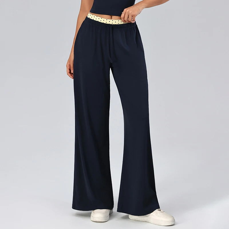 High Waist Straight Pants Women Polka Dot Drawstring Loose Sports Yoga Trousers With Pockets Gym Fitness Lounge Wear