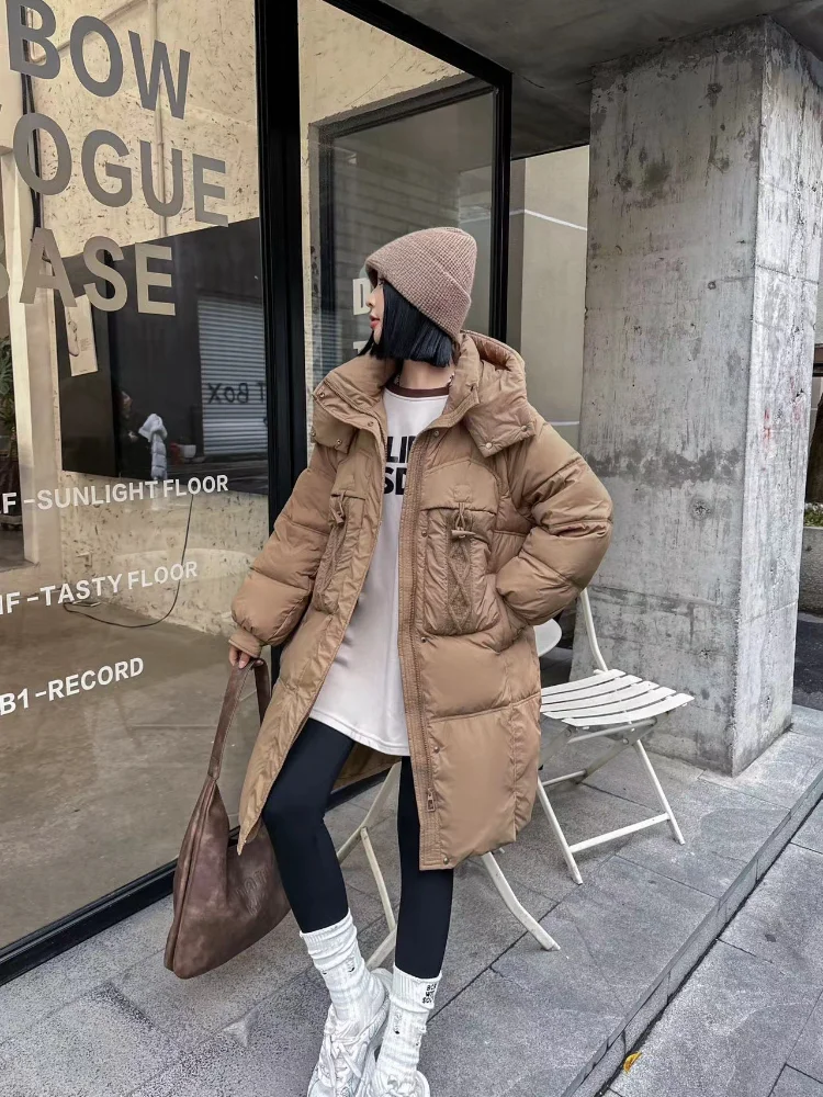 Manteau en duvet de canard blanc pour femmes, veste en duvet au genou de longueur moyenne Parka à capuche boucle en corne de vache cent mode décontractée nouveau, 90, 2024