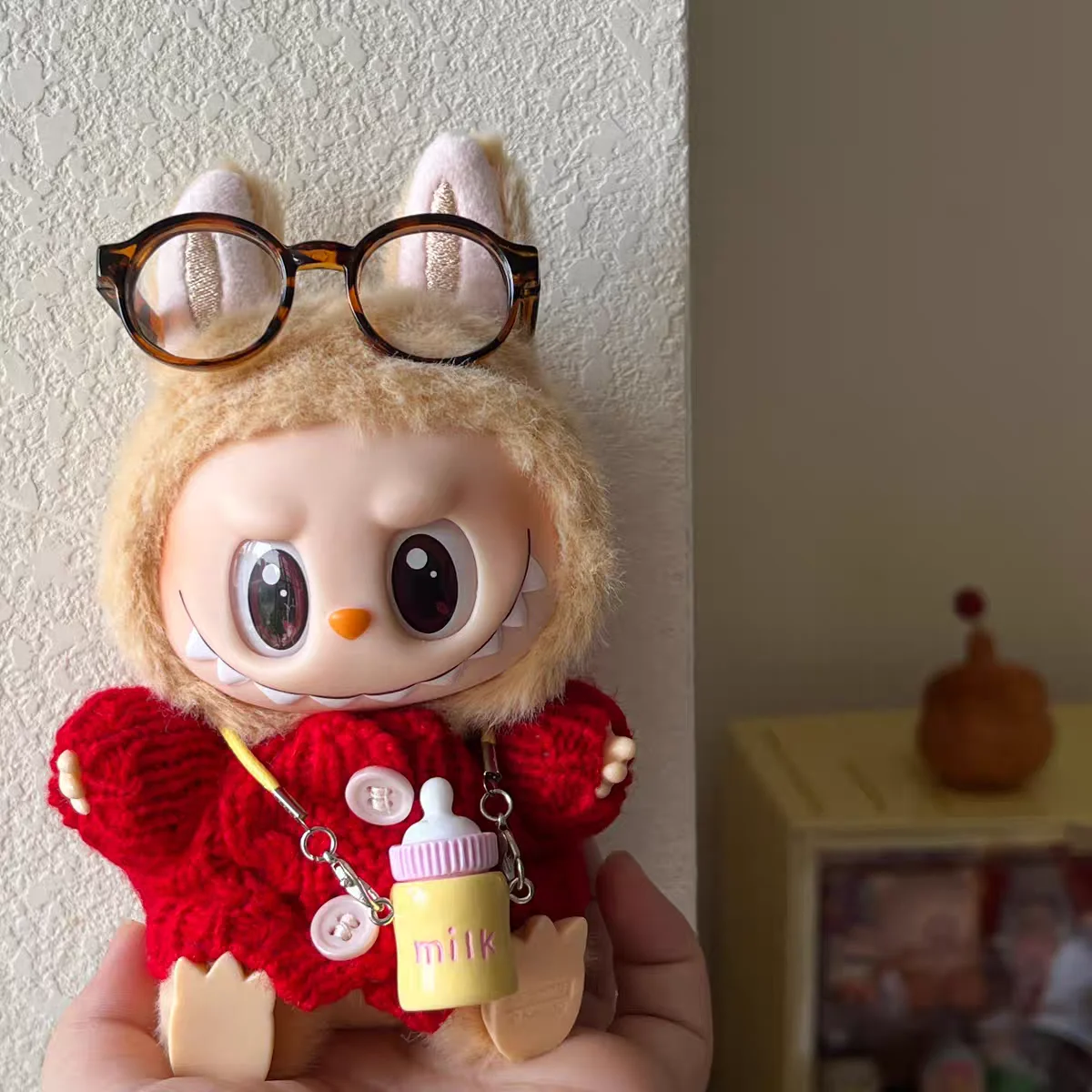 For 15cm Labubu Doll Clothes  Red Sweater Leopard Print Glasses Bottle Pendant Matching Labubu Outfit OOTD Ropa Labubu