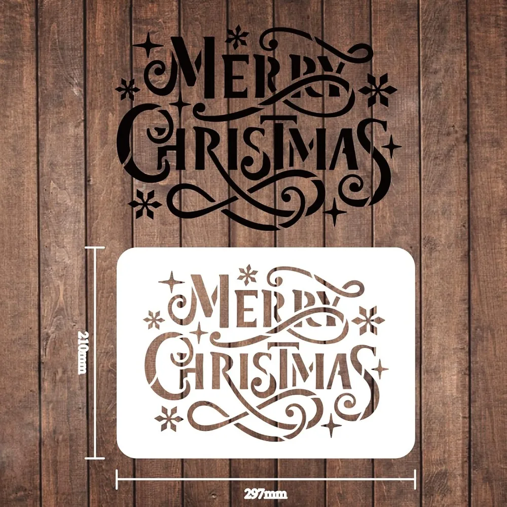 Merry Christmas Words Stencils Template 29.7x21cm/11.6x8.3 inch Plastic Christmas Snowflake Star Drawing Painting Stencils