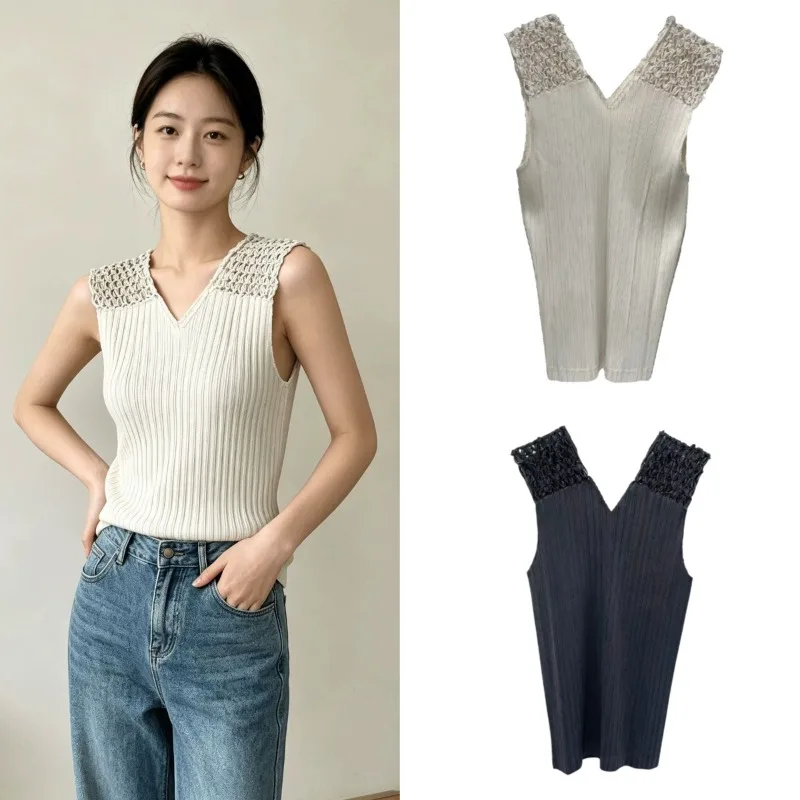 Miyake Pleated Tanks Women 2026 Summer Hollow Woven Strap Vest V-Neck Vertical Striped Pleats Sleeveless Slim Fit Base Camisole