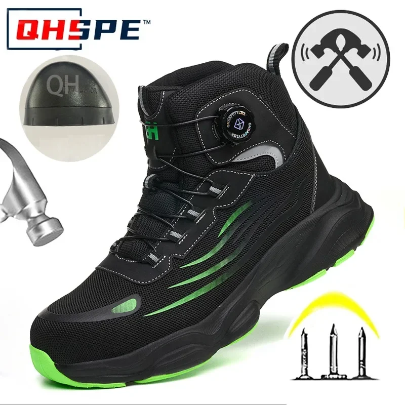 High Top Rotation Button Safety Boots Men Steel Toe Anti Smash Anti Puncture Work Sneakers Breathable Protective Lightweight Foo