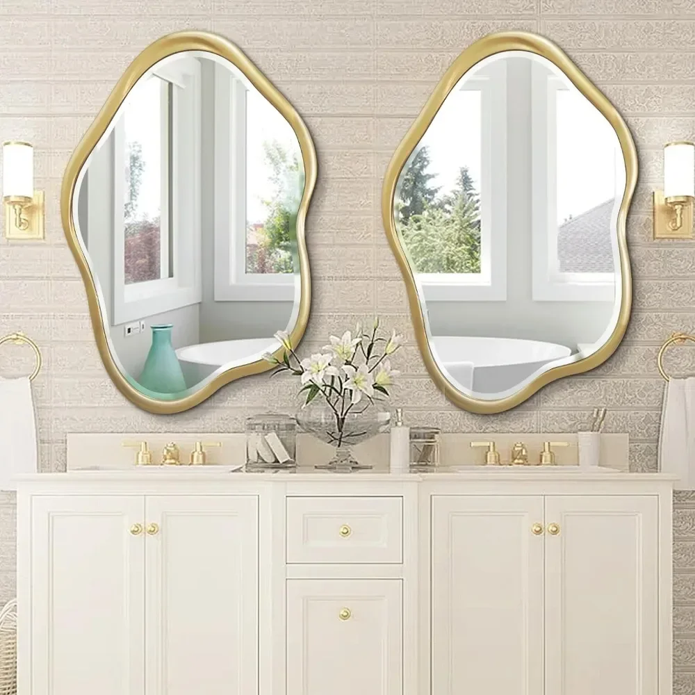 Irregular Wall Mirror, 24"X36" Gold Asymmetrical Bathroom Vanity Mirror Framed Cloud Decorative Mirror for Washroom, Bedroom