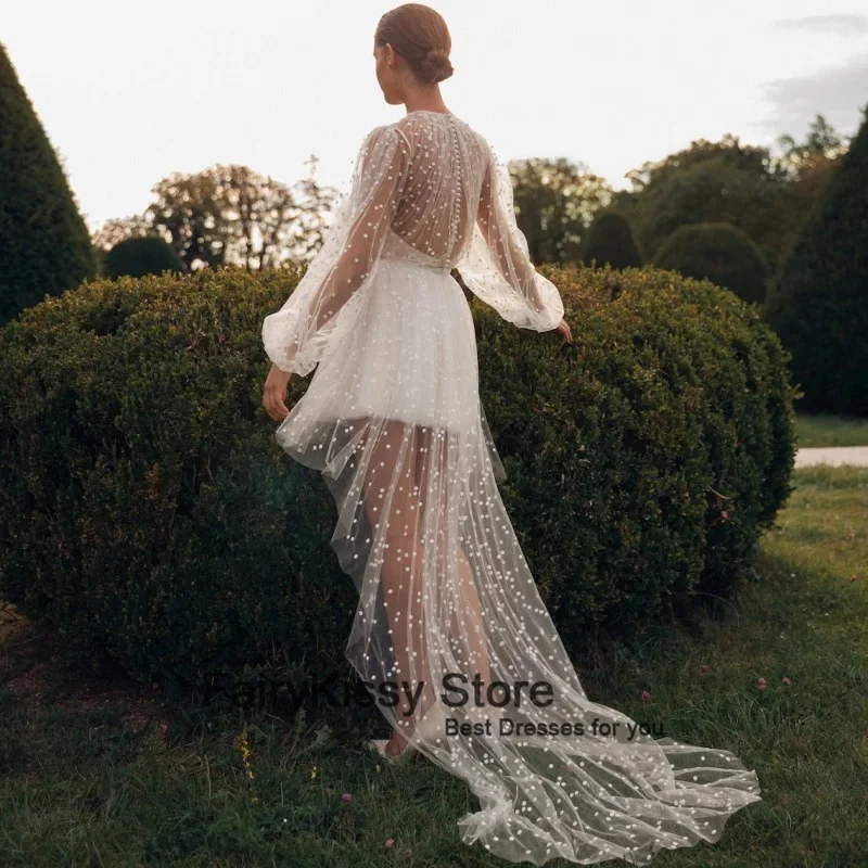 FairyKissy Polka Dot Short Wedding Dress Long Train Bridal Gown Ruffles Evening Party Skirt With Puffy Sleeves Vestido De Novia