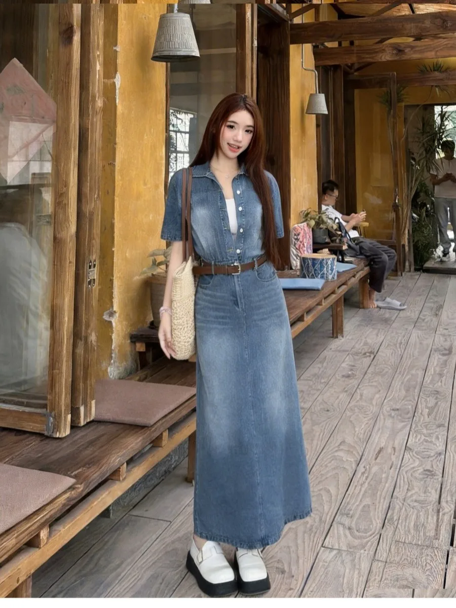 

plus Size American Retro Collar Denim Short Sleeve Dress Women Summer New Waist Cinching A-Line Long Dress Commute Style High...
